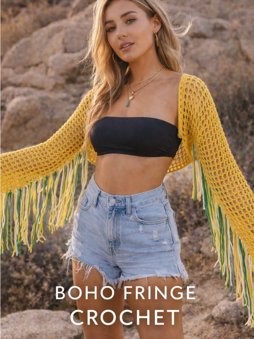 NWT Fashion Nova Crochet Fringe Bolero Top Yellow Boho Festival Medium
